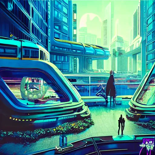 Prompt: Lofi vaporwave sci-fi cyberpunk epic video game room with large window looking out at overpopulated future city, Pixar style, Tristan Eaton, Stanley Artgerm, Tom Bagshaw