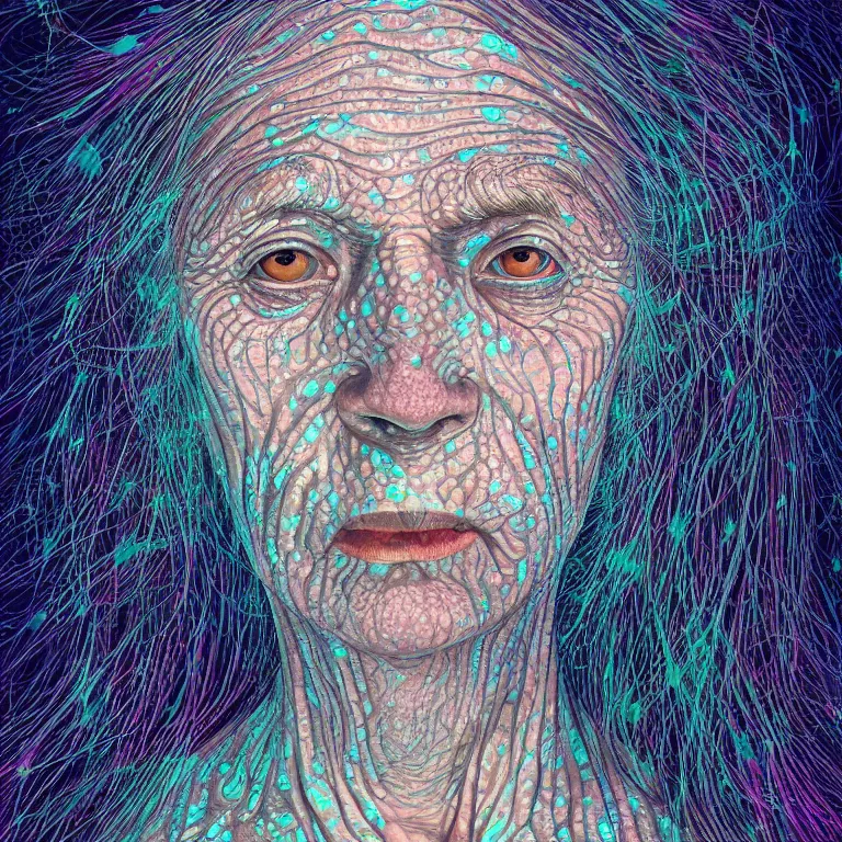 Prompt: dark underwater portrait of one bioluminescent old woman, with cracked reaction diffusion transparent skin. multicolored fish scales, face closeup. long intricate dark hair. good face proportions. with many jellyfishes. very high detail, illustration, by alex grey and ilya kuvshinov