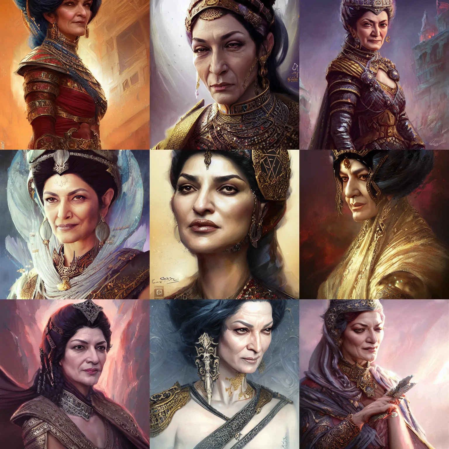 Prompt: old persian empress, shohreh aghdashloo, d & d, fantasy, portrait, highly detailed, digital painting, trending on artstation, concept art, sharp focus, illustration, art by artgerm and greg rutkowski and magali villeneuve