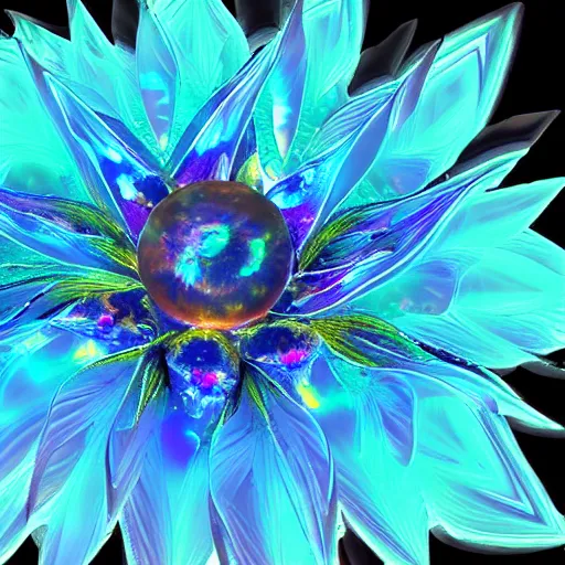 Image similar to a fractalizing crystalline sunflower, bioluminescent opal, magnificent lighting, ethereal, ray tracing