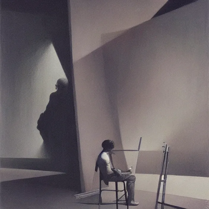 Prompt: an artist painting a self-portrait, science fiction, Edward Hopper and James Gilleard, Zdzislaw Beksinski, highly detailed