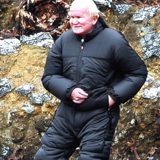 Image similar to john paul ii in a black puffed nuptse, black cargo pants and high black boots, press paparazzi photograph