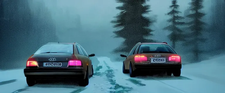 Prompt: Audi A4 B6 Avant (2002), a gritty neo-noir, dramatic bright lighting, cinematic, establishing shot, extremely high detail, photorealistic, cinematic lighting, artstation, by simon stalenhag, Snowy finnish road, At night, Poets of the Fall - Late Goodbye