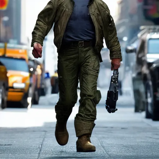 Image similar to a giant tom cruise carries a military jet in his hands while walking through manhatten, 4k, movie poster