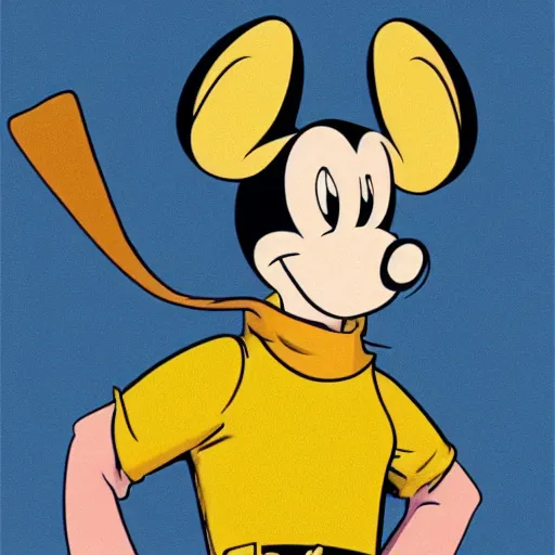 Prompt: 2 d traditional animation, portrait, upper body shot, mid shot, anthropomorphic mouse, female, wearing denim short shorts and a off yellow tank top shirt, in the style of disney's robin hood