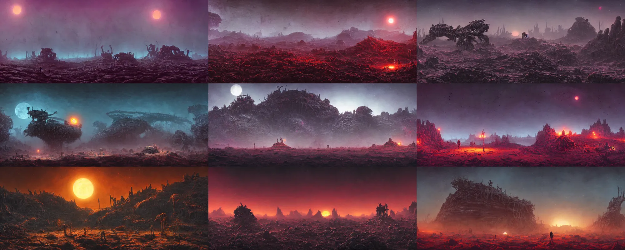 Prompt: night at a desolate outer planet made of barren black rock with massive skeletons buried in the ground, [ cinematic, detailed, epic, widescreen, opening, establishing, mattepainting, photorealistic, realistic textures, octane render, art by paul lehr