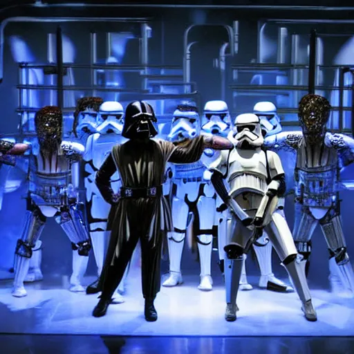 Prompt: Production photo of Star wars the musical on broadway, dancing, star wars costumes by Julie Taymor, set design by Julie Taymor