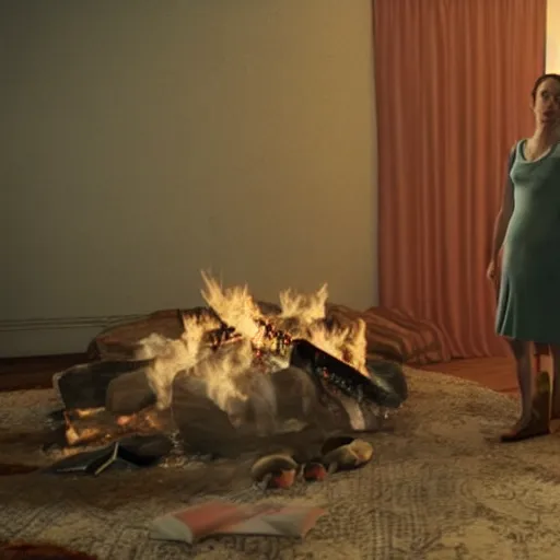 Image similar to a woman standing in a living room next to a fire, concept art by gregory crewdson, reddit contest winner, video art, movie still, colorized, playstation 5 screenshot