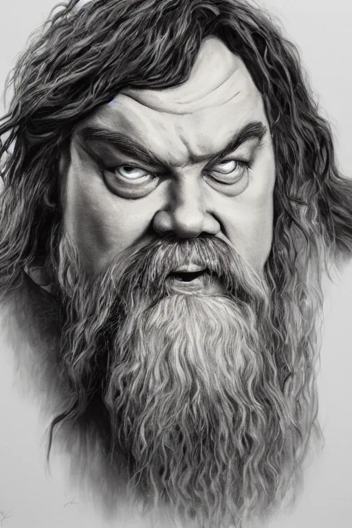 Image similar to A realistic caricature painting of Jack Black as Gandalf in LOTR by Sebastian Krüger