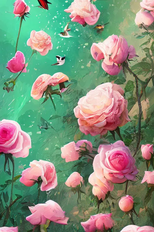 Prompt: beautiful digital matter cinematic painting of whimsical botanical illustration of roses and birds whimsical by greg rutkowki and alena aenami artstation