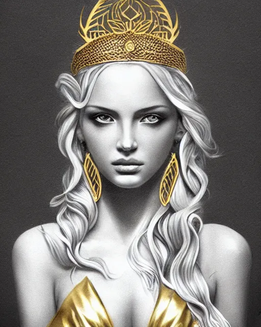 Image similar to tattoo design sketch of hot blonde super model as aphrodite greek goddess wearing a gold laurel wreath and triangle earrings, beautiful piercing gaze with sharp pupils, in the style of greg rutkowski, fantasy, amazing detail, epic, elegant, smooth, sharp focus, front view