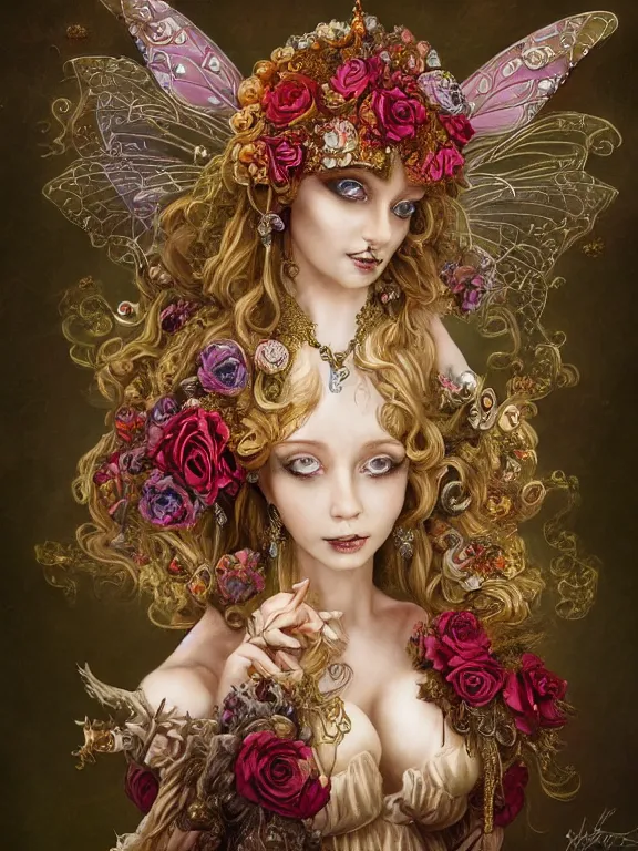 Prompt: a beautiful portrait render of fairy lady who has rococo dramatic headdress with baroque intricate fractals of roses and colorful pearls tassels made of crystal,by Virginie Ropars and Billelis and aaron horkey and Nekro and peter gric,artstation,hyperreal,jewelry,gold,maximalist