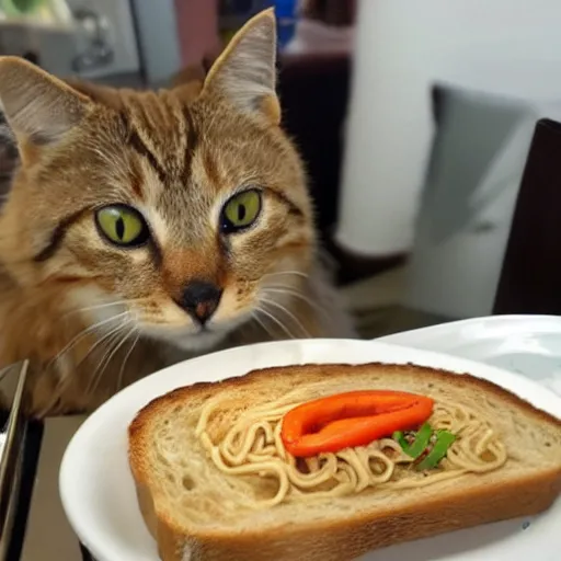 Image similar to noodles on toast cat watching over the food