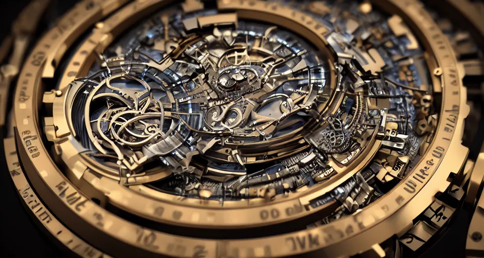 Image similar to complex 3 d render of a futuristic steampunk watch lying on a table, high detail, sharp focus, glowing interior components, intricate detail, depth of field, bokeh, cinematic lighting and composition, octane render, film grain, roger dubuis