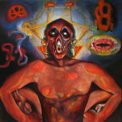 Image similar to portre of an autistic demon on acid, masonic and kabalistic symbols in background, oil painting