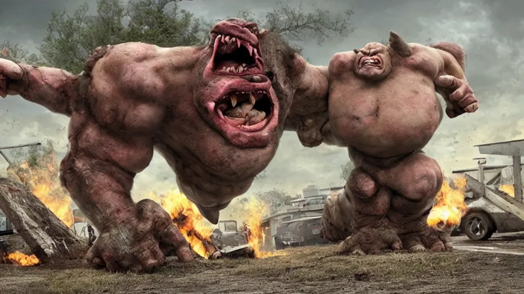 Prompt: a huge angry violent ogre stomps through a trailer park,