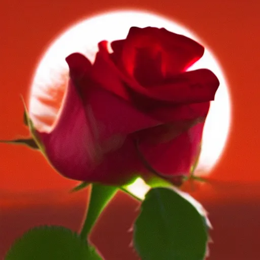 Prompt: a blood red rose blooming under the full moon 8 k hyperrealism fullmoon in the background