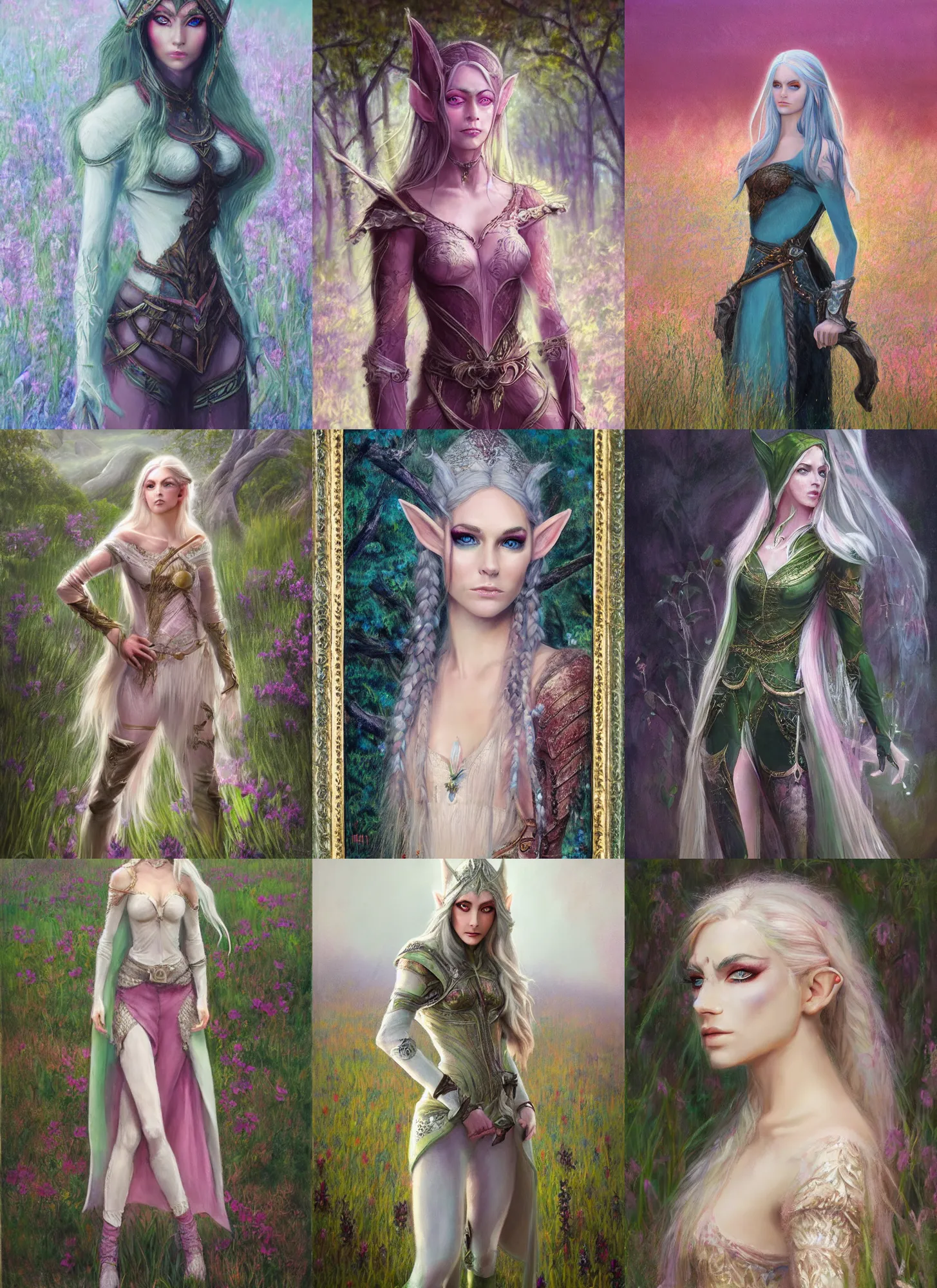 Prompt: a soft focus pastel canvas painting of beautiful full body concept art, ultra beautiful face and hyper beautiful eyes, elven female rogue wearing full intricate clothing standing in a field