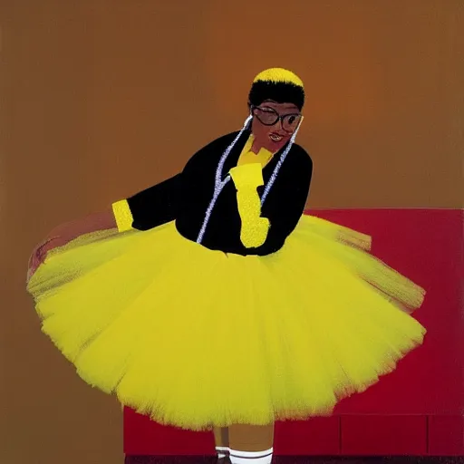 Image similar to african american woman wearing a yellow tutu, portrait artwork by david hockney airbrush and jack vettriano h 6 4 0