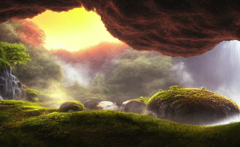 Image similar to a beautiful and stunning professional digital artwork of a humongous mushroom cave, haze, waterfall, lake, spores in the air, volumetric lighting, hyperrealistic, sunset, rtx on, ultra detail