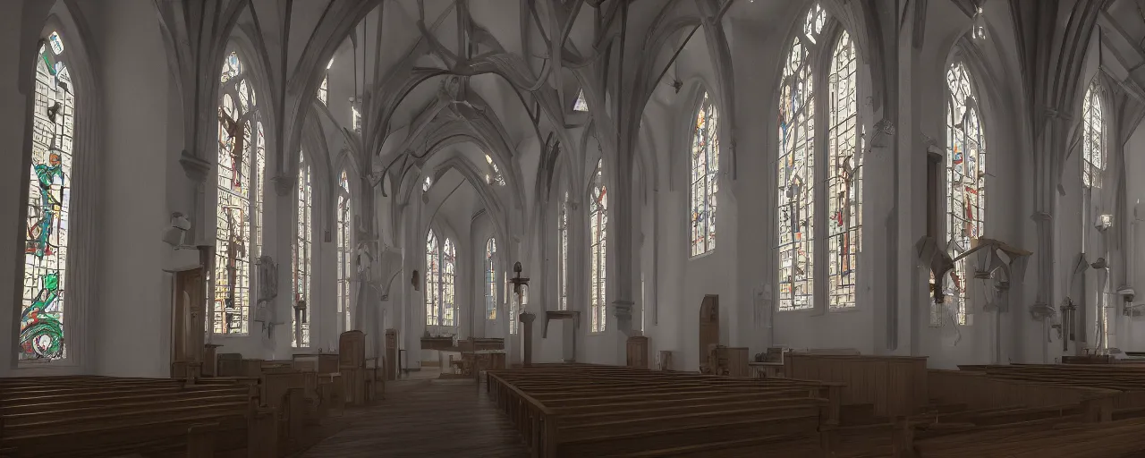 Image similar to a church with stained windows where old me come to pray, atmospheric, mist, epic, photorealistic, realistic, rule of thirds, extremely detailed, 4 k, 8 k, unreal engine 5 render, rim lighting, rtx, ray traced lighting, shot on 3 5 mm, film grain