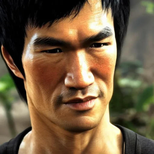 Prompt: a screenshot of bruce lee in uncharted 4. 3 d rendering. unreal engine. amazing likeness. very detailed. cartoon caricature