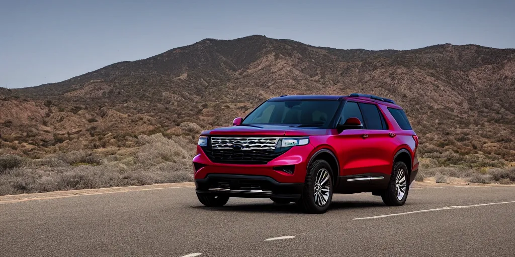 Prompt: A photo of an SUV inspired by a 2022 Ford Explorer and 2022 Chevrolet Tahoe, red, driving along the coast of California, auto photography, action shot