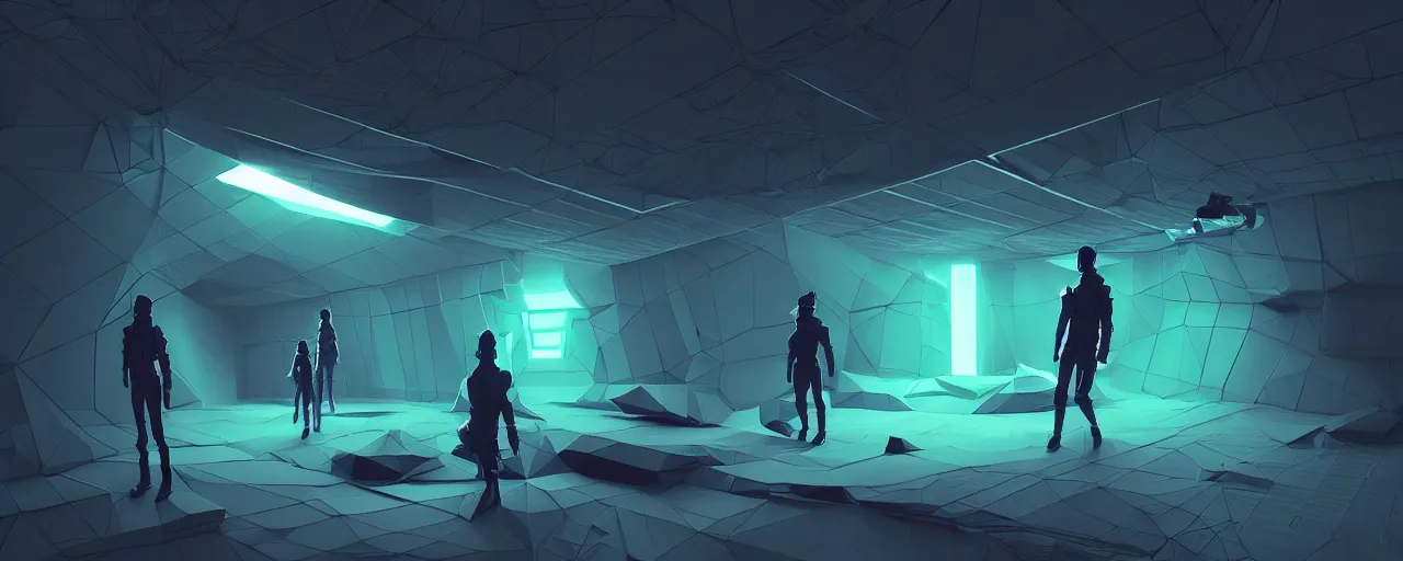 Image similar to duotone noir scifi concept illustration of 3 d mesh of lowpoly inside box floating zero gravity glowing 3 d mesh portals futuristic, glowing eyes, octane render, surreal atmosphere, volumetric lighting. accidental renaissance. by sachin teng and sergey kolesov and ruan jia and heng z. graffiti art, scifi, fantasy, hyper detailed. trending on artstation