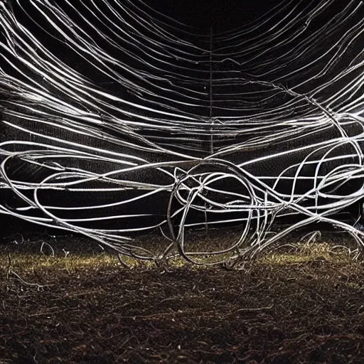 Prompt: “photo of a glowing liquid metal alien figure wrapped in cables and barbed wire standing in the middle of a core field at nighttime, midnight. Flash photo. Cursed image”