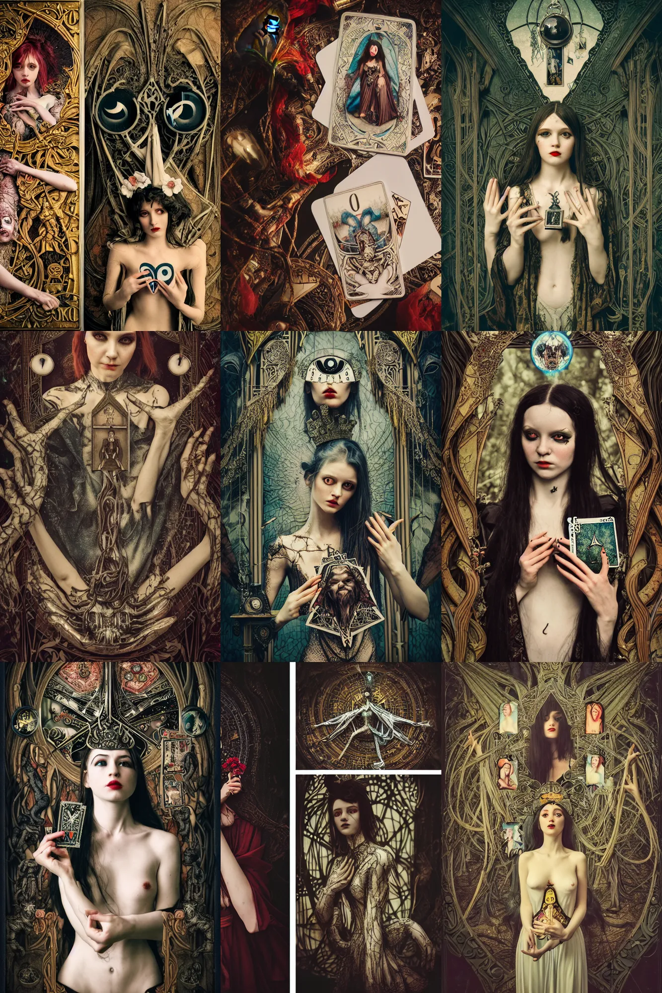 Prompt: Cinestill 50d, 8K, highly detailed, major arcana H.R Giger art nouveau nightmare Agnieszka Lorek tarot hanged man card style 3/4 still life, eye contact, focus on card, tilt shift background: famous major arcana tarot card remake, transformation scene