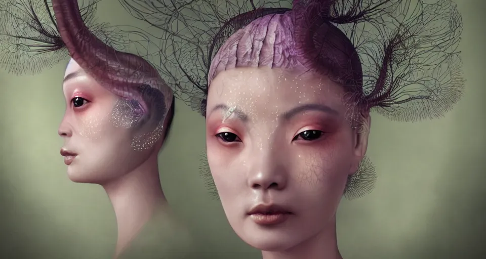 Image similar to closeup shot of asian female wearing a luminous soft fragile jelly fish dress, symmetrical face, by ray caesar, by louise dahl wolfe, by andrea kowch, by anna claren, surreal photography