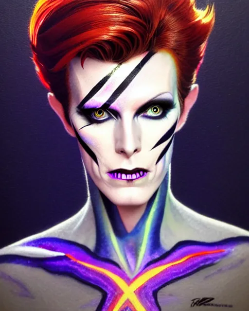 Prompt: moira from overwatch, david bowie lightning bolt face paint, character portrait, portrait, close up, highly detailed, intricate detail, amazing detail, sharp focus, vintage fantasy art, vintage sci - fi art, radiant light, caustics, by boris vallejo