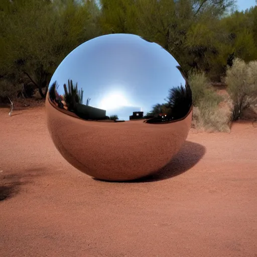 Image similar to a large metallic ball with a mirror finish sits in the arizona desert