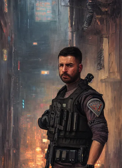 Prompt: 🐷. cyberpunk police trooper in a military vest ( blade runner 2 0 4 9, cyberpunk 2 0 7 7 ). orientalist portrait by john william waterhouse and james gurney and theodore ralli and nasreddine dinet, oil on canvas. cinematic, hyper realism, realistic proportions, dramatic lighting, high detail 4 k