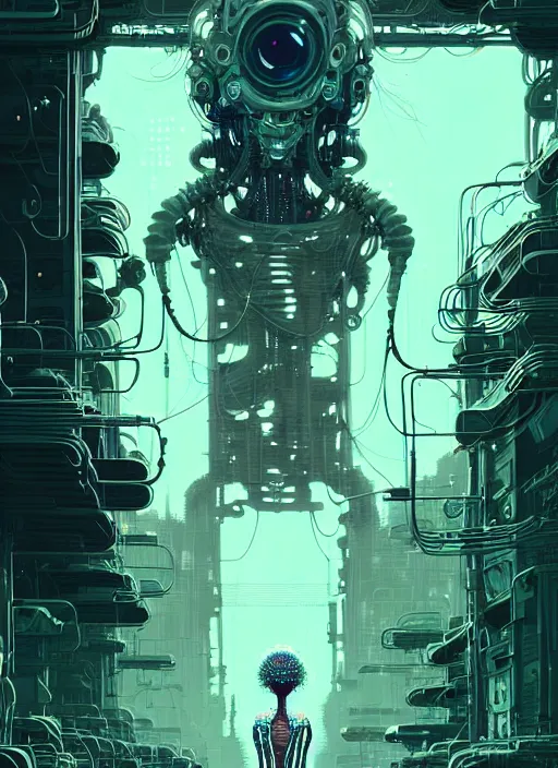 Image similar to highly detailed portrait of a biopunk long curly white hair tribal lady, stray wiring by atey ghailan, james gilleard, by joe fenton, by greg rutkowski, by greg tocchini, by kaethe butcher, 4 k resolution, gradient green, black and white color scheme!!! ( ( irradiated robotic dystopian city background ) )