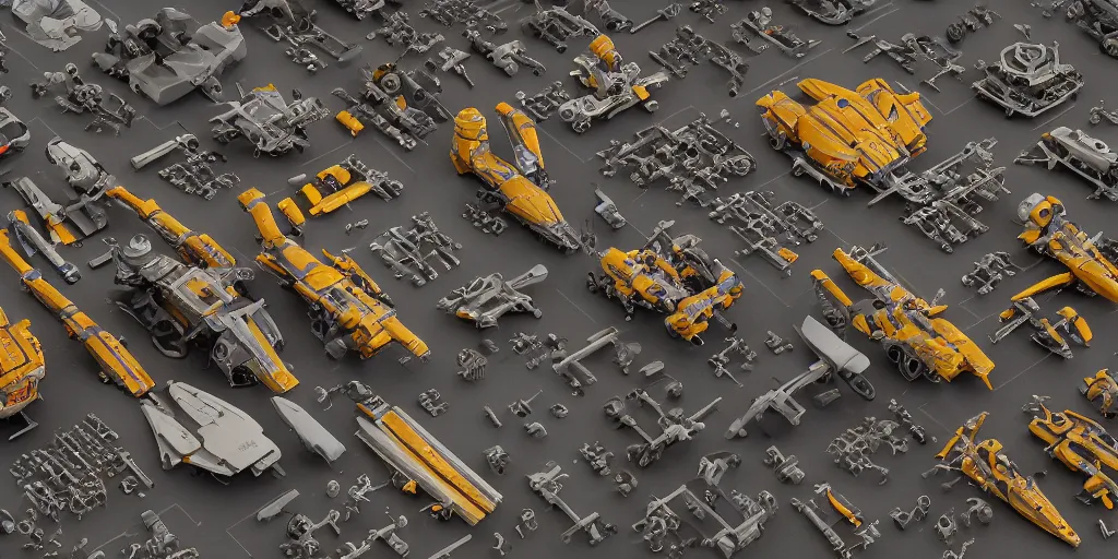 Image similar to collection of exploration of form and shapes, props, hard surface, panel, simon stalenhag, kitbash, items, gadget, big medium small, close up, vehicles, futuristic, parts, machinery, greebles, insanely detailed, case, hardware, golden ratio, wes anderson color scheme