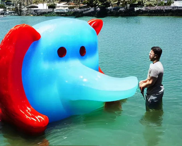 Image similar to a giant sculpture of a giant gummy bear on the water, award winning, hyper - realistic, very detailed, realistic water, ray tracing, 8 k resolution, long - shot, sharp focus, low angle, 8 5 mm photograph, wide lens