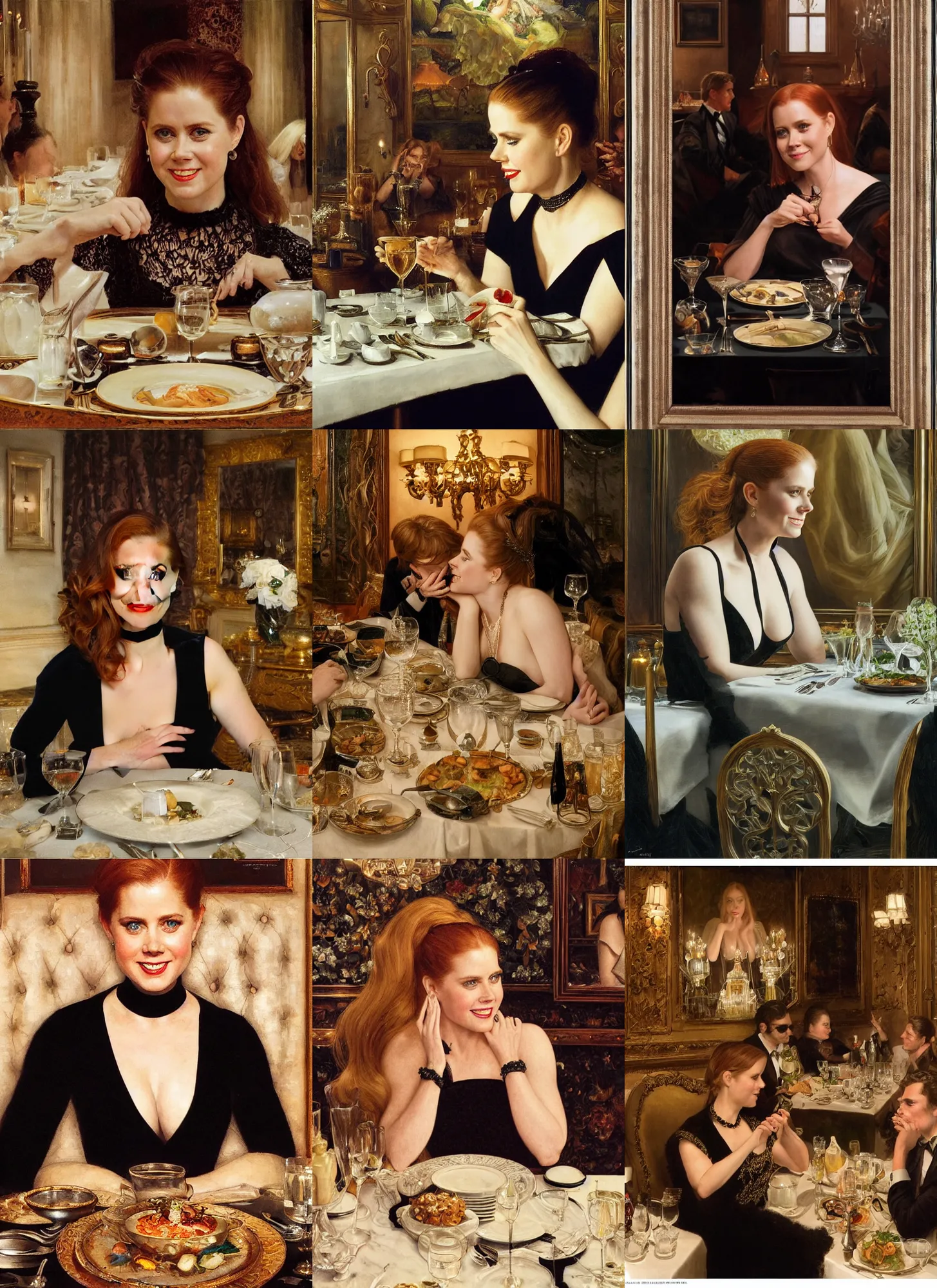 Image similar to dinner with amy adams smiling sitting across the camera wearing a black choker staring into the camera in an expensive private restaurant, 1 9 7 0, intricate, elegant, tasteful, highly detailed, shallow depth of field, artgerm, donato giancola, joseph christian leyendecker