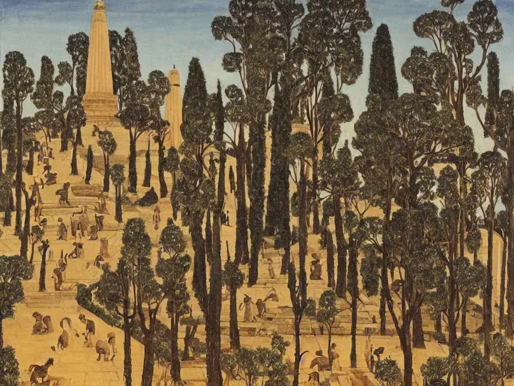 Image similar to Buddhist ruins, stupa at night, surrounded by panthers. Cypresses in the wind. Painting by Paul Delvaux.