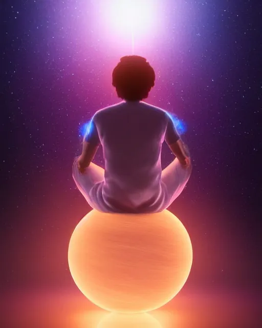 Image similar to alan watts grinning meditating floating hair cinematic in galaxy universe realistic dramatic backlit stylized soft airbrush painting highly detailed, subsurface scattering, 3d render senior artist, photorealistic, textured, featured on artstation