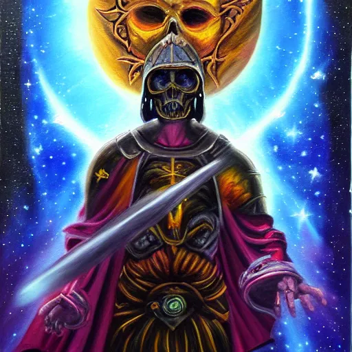 Image similar to facing the evil darkness dark star with a sword in hand, galactic nebular astral realm sacred journey in oil painting, trending on artstation, award winning, emotional, highly detailed surrealist art