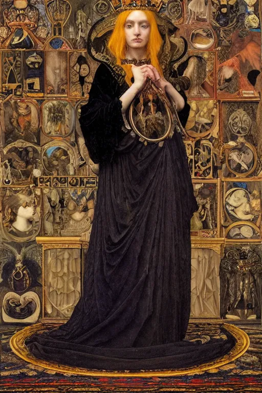 Image similar to portrait of the queen of crows, by Donato Giancola and John Bauer and John William Godward and Vermeer, embroidered velvet, iridescent beetles, rich color, ornate headdress, flowing robes, lost runes, ancient civilizations,featured on Artstation, cgisociety, unreal engine, extremely detailed