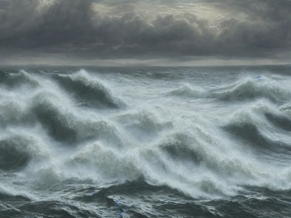 Prompt: a cinematic view of a stormy sea with cthulhu rising. art by william trost richards and donato giancola, hyperrealism, artstation