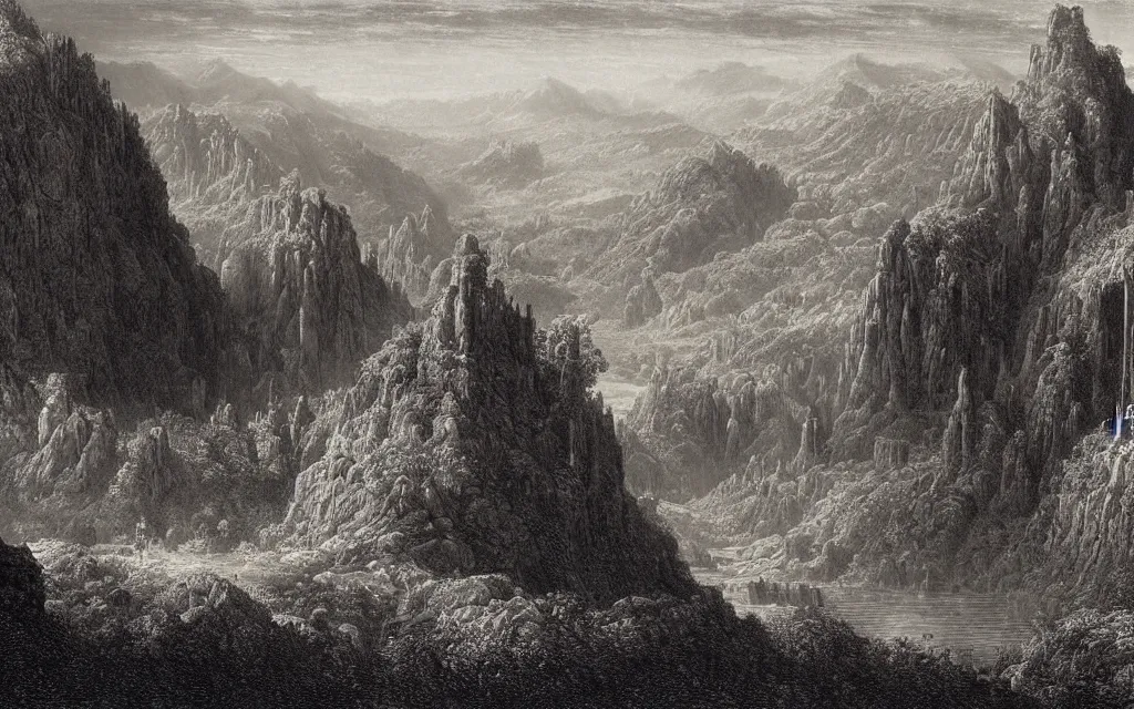 Image similar to a meticulously composed render of a middle earth landscape by francis danby, john martin, and gustave dore,