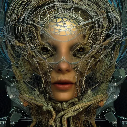 Image similar to cybernetic demon dreaming with its highly networked mind, lsd, circuitry, intricate detail, royo, whealan, giger, klimt, hd, octane render, unreal engine,