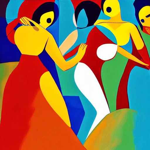 Image similar to the women gathered by the river to dance as the sun set , high quality digital art in the style of cubism and georgia o’ keefe,