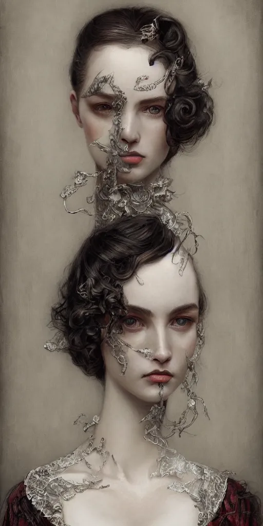 Image similar to a beautiful hyperrealistic portrait pose of a stunning Victorian model in a high-collared grey and white dress looking mournful, intricate, elegant, highly detailed, smooth, sharp focus, award-winning, masterpiece, in the style of Tom Bagshaw, Cedric Peyravernay, Peter Mohrbacher