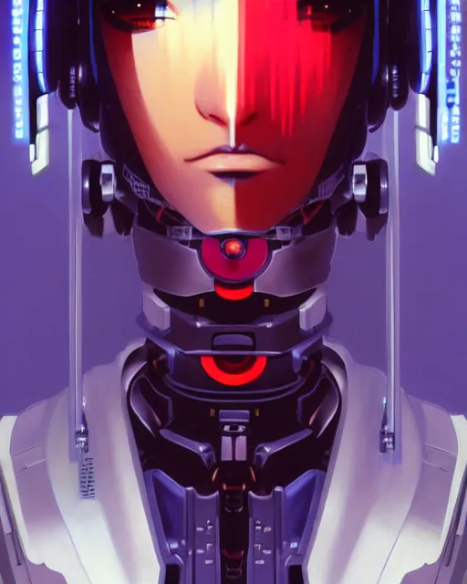 Image similar to portrait of friendly and peaceful anime cyberpunk robot face, anime, warhammer 4 0 0 0 0, realistic shaded lighting, by ilya kuvshinov katsuhiro otomo, magali villeneuve, artgerm, rutkowski, wlop jeremy lipkin and giuseppe dangelico pino and michael garmash and rob rey and tsutomu nihei