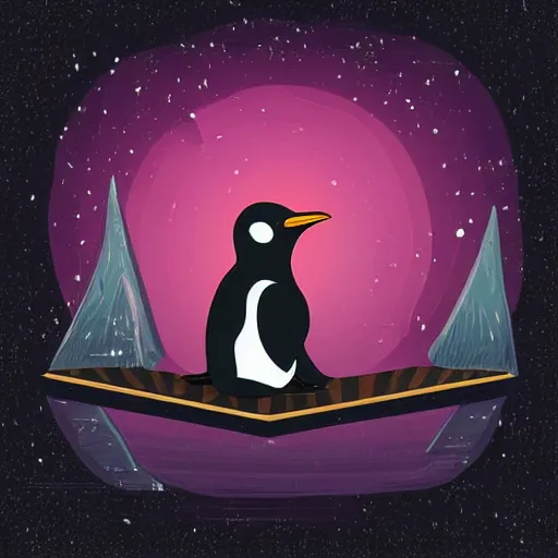 Prompt: digital art of a black and white penguin sitting in a wood chair with sunglasses on at night! black blackground with some stars and a light coming from above, vector art by tom whalen, trending on polycount, neo - dada, chillwave, global illumination, synthwave