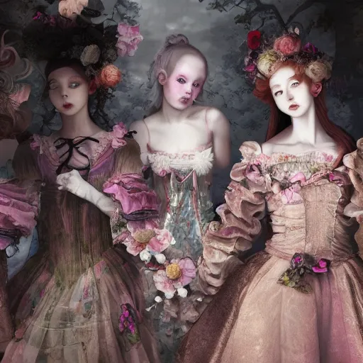 Image similar to 8k, octane render, realism, tonalism, renaissance, rococo, baroque, group of creepy young ladies wearing long harajuku manga dress with flowers and skulls, background chaotic flowers